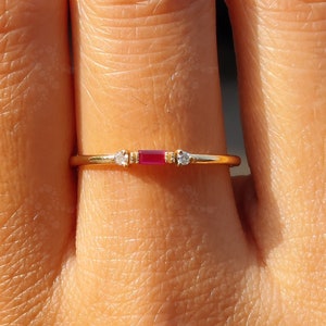 Stackable Birthstone Rings / 14K Gold Ruby Ring / Baguette Ruby Stacking Ring / Minimalist Ruby Ring / Three-Stone Ruby Promise Ring