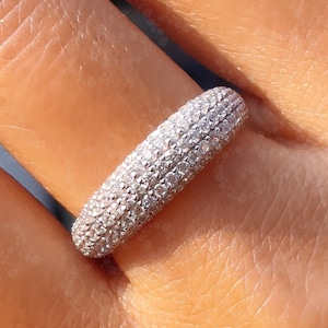 Solid 14K Gold Wide Cluster Pave Dome Band Ring / Round White Moissanite Dainty Minimalist Stacking Anniversary Women Ring