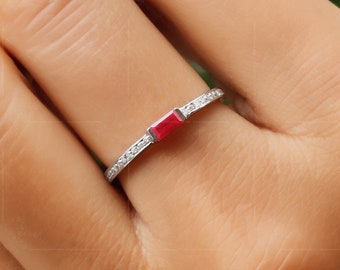 Ruby Baguette Ring, Sterling Silver Minimalist Stacking Band
