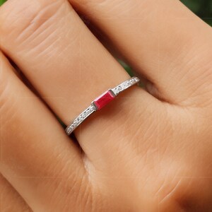 Ruby Baguette July Birthstone Ring / Stackable Ruby Rings For Women / Dainty Baguette Ring / Minimalist Stacking Ring / Ruby Gemstone Ring