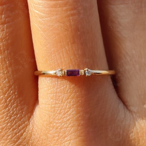 Stackable Birthstone Rings / 14K Gold Amethyst Ring / Baguette Amethyst Stacking Ring / Minimalist Amethyst Ring / Three-Stone Dainty Ring