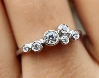 Moissanite Scatter Ring, Sterling Silver Bezel Set Cluster