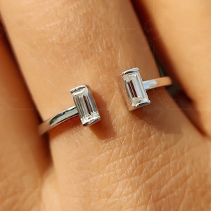 Baguette Open Cuff Ring Women / Two Stone Open Gap Wedding Band / Moissanite Stackable Rings / Minimalist Stacking Ring / Toi Et Moi Ring