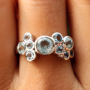 Scattered Aquamarine Ring For Women / Natural Aquamarine Bubble Ring / March Birthstone Statement Ring / Rubover Ring, Bezel Set Bubble Ring