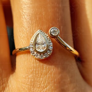 Open Cuff Ring / Gold Moissanite Ring / Pear Shape Halo Open Ring / Stackable Ring / Dainty Minimalist Ring / Promise Ring / Ring for Women