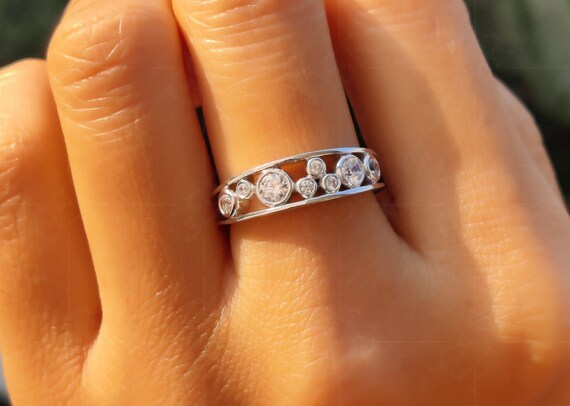 Cluster Bubble Ring Bubble Style Bezel Set Round Moissanite Gold