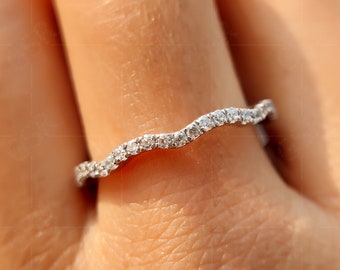 Moissanite Wave Ring, 925 Sterling Silver Eternity Band