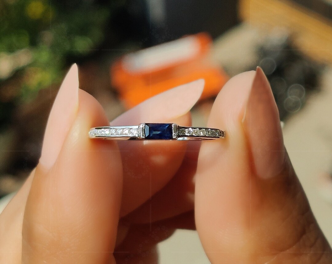 Sapphire Stacking Ring / Minimalist Gold Ring / Sapphire Baguette Ring ...