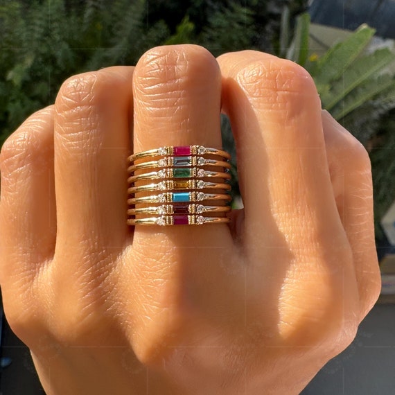 Wide Baguette Birthstones Rings for Women Ruby Garnet Aquamarine
