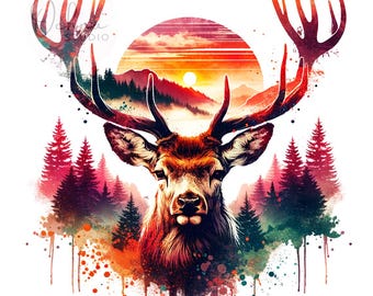 Hirsch Png, Sublimationsdesign, See Spiegelung Png, Waldlandschaft Png, T-Shirt Sublimationsdesign, digitaler Download PNG