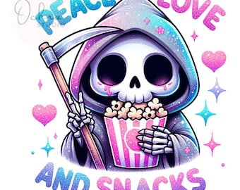 Peace Love and Snacks PNG, Spooky Grim Reaper Clipart, Sarcastic PNG, Snarky Skeleton Png, Sublimation Designs, Digital Download PNG