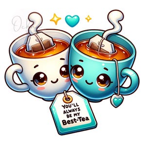 May include: Illustration of two cartoon tea cups with smiling faces, one white and one teal, each with a tea bag. A tag reads "You'll always be my Best-Tea". Gold stars and a teal heart are above the cups.
