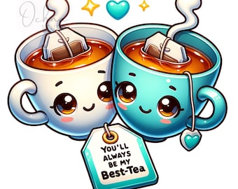 May include: Illustration of two cartoon tea cups, one white and one teal, with smiling faces and tea bags. A tag reads "You'll always be my Best-Tea". Gold stars and a teal heart are above the cups.