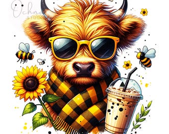 Cute Sunflower Highland Cow, Highland Cow PNG, Cute Highland Cow Coffee, Sunflowers Png, Coffee, Sublimation Design, Digital Download PNG