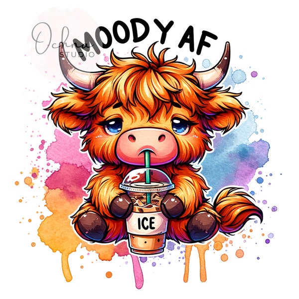 Moody AF Highland Cow png, Highland Cow Ice Coffee PNG, Highland Cow Clipart, Heifer Cow Png, Sublimation Design, Digital Download PNG