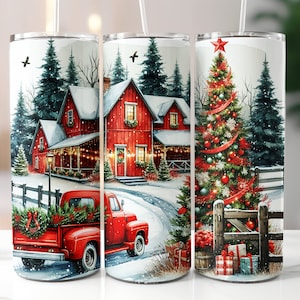 Christmas Truck Tumbler Wrap, Christmas Barn Tumbler, Vintage Red Truck Christmas, Winter Barn, 20oz Skinny Tumbler, Digital Download PNG