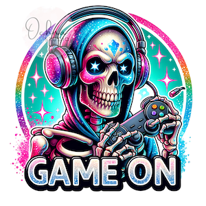 May include: A skeleton wearing a blue and pink hooded sweatshirt and headphones, holding a video game controller. The background is a rainbow glitter circle with stars. The text "GAME ON" is below the skeleton.