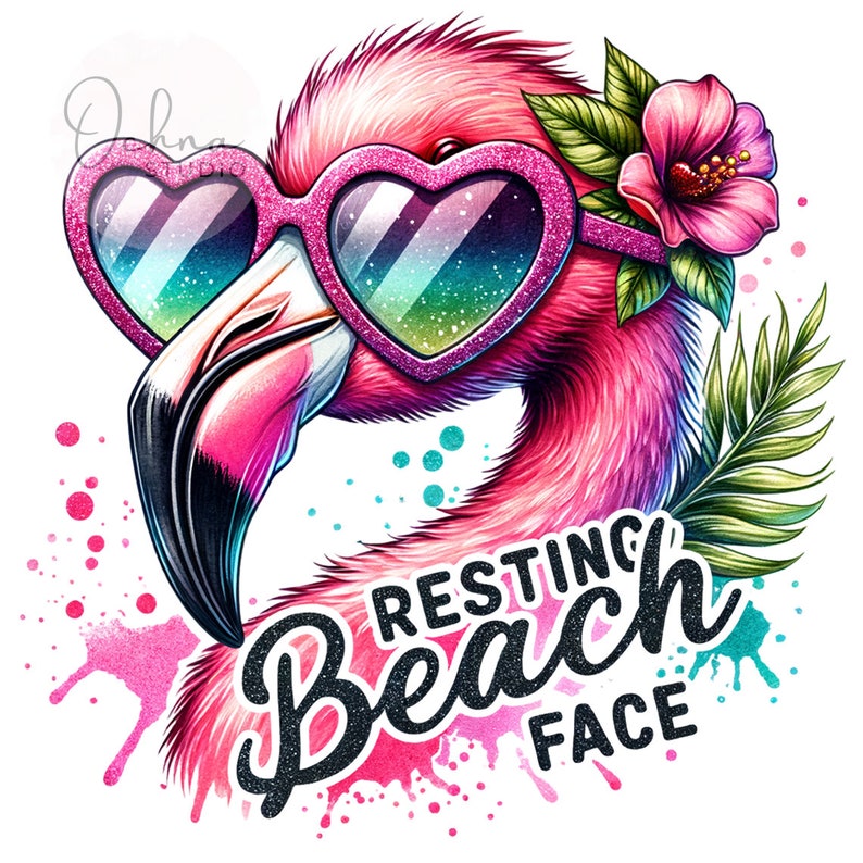 May include: A pink flamingo wearing glitter sunglasses and a pink flower on its head. The flamingo is resting with its eyes closed and the text "RESTING BEACH FACE" is written below it.