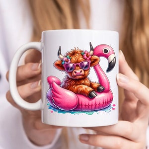 May include: White ceramic mug with a colorful illustration of a Highland cow wearing sunglasses and a flower crown, floating on a pink flamingo pool float.