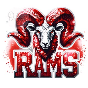 May include: A red and silver Rams mascot logo featuring a ram's head and horns made of sequins. The word "RAMS" is written in large, bold letters below the ram's head.