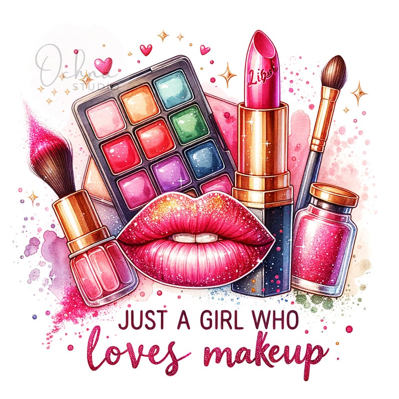 May include: A watercolor illustration of makeup products, including a lipstick, eyeshadow palette, and brushes. The illustration features a pink and gold color scheme and the text "Just a girl who loves makeup".