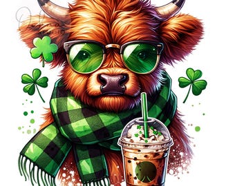 St Patrick's Day Highland Cow PNG, Highland Cow Coffee, Lucky Png, St Patricks Png, Irish Png Sublimation Design, Digital Download PNG