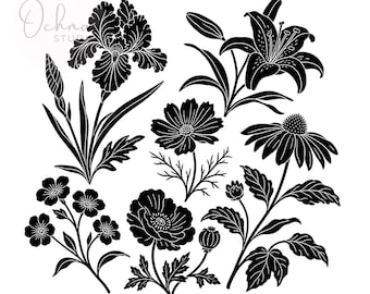 Linocut Floral PNG, Vintage Floral Block Print Design, Trendy Peony PNG, Wildflower Linocut Png, Retro Floral , Digital Download PNG