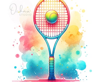 May include: A colorful tennis racket with a yellow tennis ball in the center of the strings. The racket is on a watercolor background with splashes of pink, yellow, blue, and green.