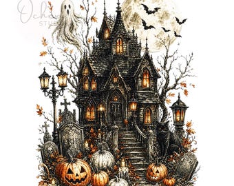Haunted House PNG, Halloween Haunted Mansion png, Spooky Ghost Png, Pumpkin png, Black Cat PNG, Sublimation Design, Digital Download PNG