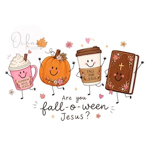 Puede incluir: Una ilustración digital que muestra una taza rosa con crema batida, una calabaza naranja, un vaso de café y un libro marrón, todos con caras sonrientes. El texto dice 'PUMPKIN SPICE JESUS', 'FALL FOR JESUS' y 'Are you fall-o-ween Jesus?'