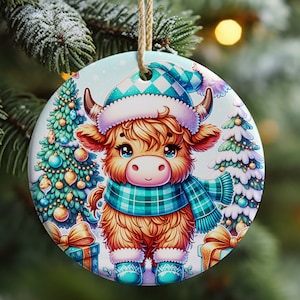 Christmas Highland Cow Ornament Sublimation, Highland Cow Ornament, Pink Christmas Round Ornament, PNG Transparent, Digital Download PNG
