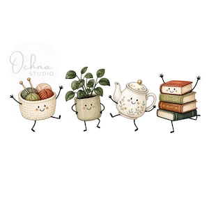 May include: A digital illustration featuring four anthropomorphic characters: a cream-colored crochet basket filled with yarn balls and knitting needles, a green potted plant, a floral-patterned teapot, and a stack of four colorful books.