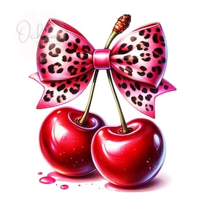 Leopard Cherry Png, Coquette Cherry PNG, Cherry Clipart, Cherries with Bow, Sublimation Design, Digital Download PNG