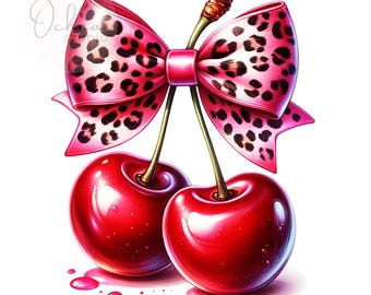 Luipaard kers png, coquette kers png, kers clipart, kersen met strik, sublimatieontwerp, digitale download png