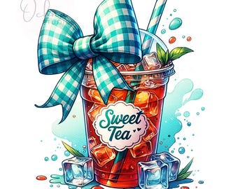 Sweet Tea Png, Retro Png, Bow Png, Coquette Png, Sweet Tea, Teal Checkered Png, Tea Png, Sublimation Designs, Digital Download PNG