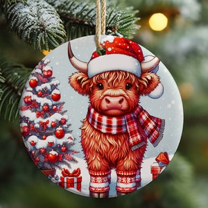 Christmas Highland Cow Ornament Sublimation, Highland Cow Ornament, Pink Christmas Round Ornament, PNG Transparent, Digital Download PNG