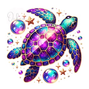 Puede incluir: Ilustración vibrante de una tortuga marina con un caparazón temático de galaxia en tonos morados, azules y dorados. La tortuga está rodeada de burbujas y estrellas de mar, creando un diseño caprichoso y colorido. Tema de fantasía.