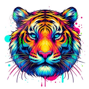 Tiger PNG, buntes Neon, Tiger Gesicht, Tiger Clipart, Maskottchen Png, Sport Png, T-Shirt-Design, Sublimationsdesign, digitaler Download PNG