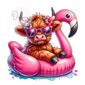 May include: A brown and white Highland cow wearing sunglasses and a flower crown floats in a pink inflatable flamingo pool float.