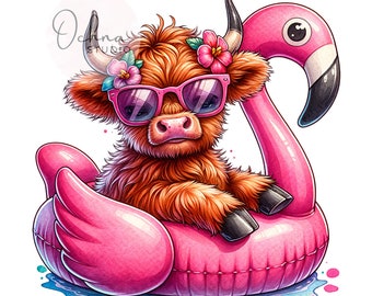 Highland Cow Flamingo PNG, Summer Highland Cow Clipart, Heifer Cow png, Sublimation Design, Digital Download PNG