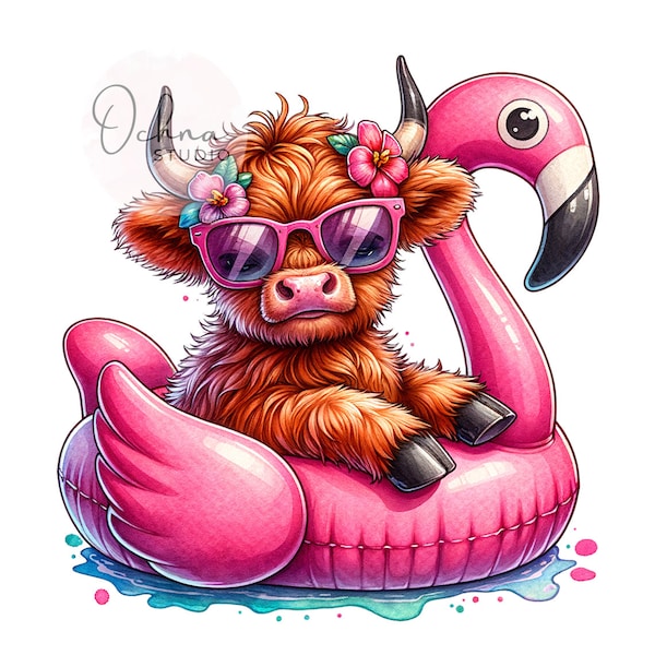 Highland Cow Flamingo PNG, Summer Highland Cow Clipart, Heifer Cow png, Sublimation Design, Digital Download PNG