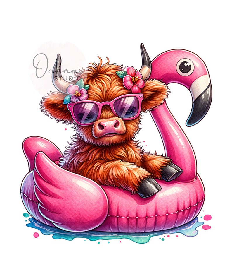 May include: A brown and white Highland cow wearing sunglasses and a flower crown floats in a pink inflatable flamingo pool float.