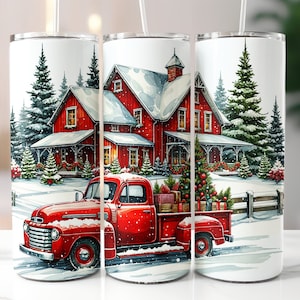 Christmas Truck Tumbler Wrap, Christmas Barn Tumbler, Vintage Red Truck Christmas, Winter Barn, 20oz Skinny Tumbler, Digital Download PNG