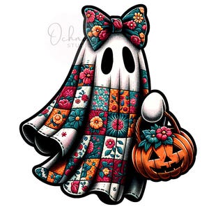 May include: A whimsical Halloween ghost illustration. The ghost wears a floral bow and a patchwork quilt-like cloak with colorful flowers. It carries a jack-o'-lantern basket filled with flowers. The design is outlined in black.