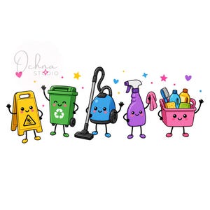 以下が含まれることがあります： 笑顔の擬人化された掃除用具5点の漫画イラスト。黄色い注意看板、緑色のリサイクルゴミ箱、青い掃除機、ピンクの布を持った紫色のスプレーボトル、掃除用具が入ったピンク色のバスケットが描かれています。上部にはOchna Studioのロゴがあります。