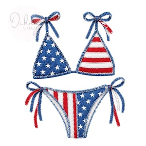 May include: A patriotic bikini set featuring a blue denim-like fabric with white stars and red and white stripes. The top and bottom are connected with blue and red bows. The bikini is designed in the style of the American flag.