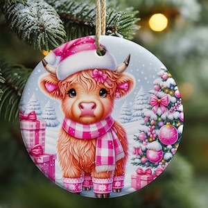 Christmas Highland Cow Ornament Sublimation, Highland Cow Ornament, Pink Christmas Round Ornament, PNG Transparent, Digital Download PNG