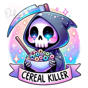 May include: A cartoon Grim Reaper with a rainbow scythe holds a bowl of colorful cereal. The background is a pastel rainbow with stars. The text "Cereal Killer" is written on a pink banner.