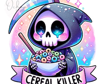 May include: A cartoon Grim Reaper with a rainbow scythe holds a bowl of colorful cereal. The background is a pastel rainbow with stars. The text "Cereal Killer" is written on a pink banner.