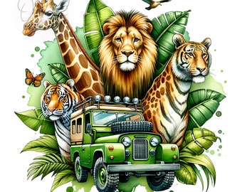 Animales de safari PNG, Coche Png, León Png, Jirafa Png, Tigre Png, Selva Png, Diseño de sublimación de camisetas, Descarga digital PNG